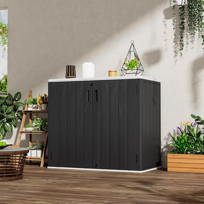 Large Outdoor Storage Box,Resin Sheds&Outdoor Storage Waterproof/Lockable,Outdoor Storage Cabinets for Balcony,Garage,Backyard (37Cu.ft-Black White)-VerdiqueGarden