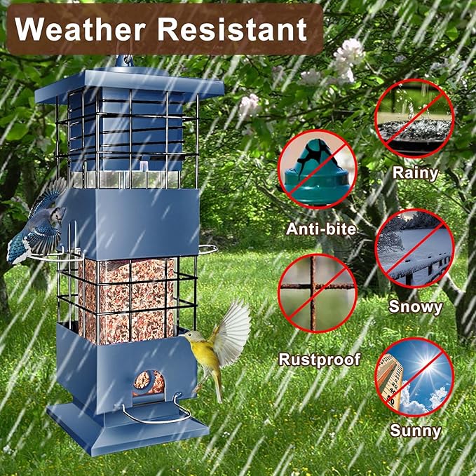 Bird Feeder 3LBS Metal Anti-Squirrel Wild Birdseed Feeder for Finch Cardinal Blue Jay Outdoors Hanging (Blue)-VerdiqueGarden