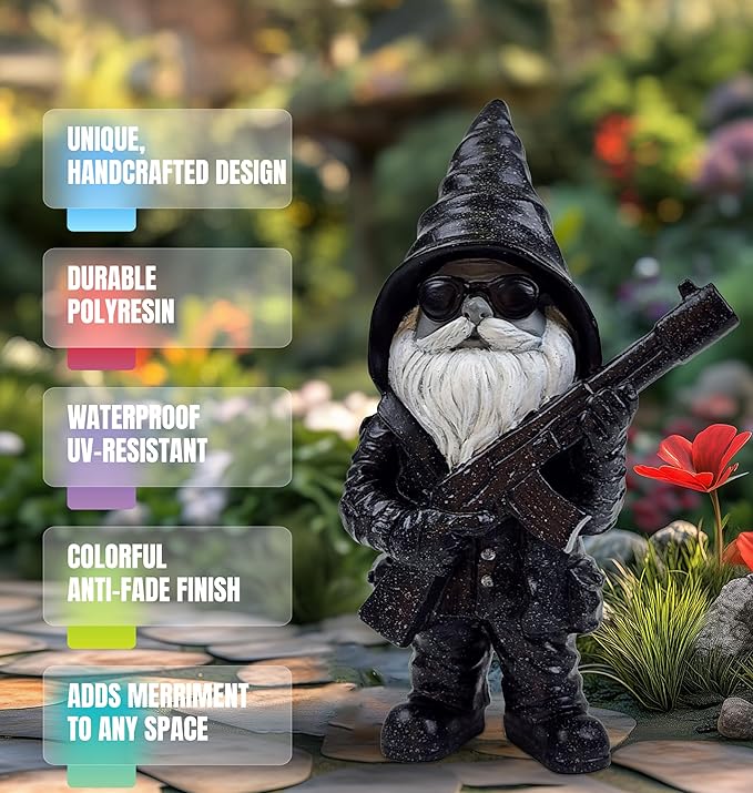 Better Office Products Garden Gnome Statue, 8" Height, Handcrafted Waterproof, UV-Resistant Polyresin Lawn Patio Porch Ornament Decoration (Stone Cold Hitman)-VerdiqueGarden