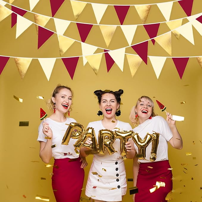 Burgundy Party Decorations Gold Maroon Beige Fabric Triangle Pennant Banner Garnet Flag Bunting Garland for Graduation Wedding Birthday Bridal Shower Bachelorette Anniversary Engagement Party Supplies-VerdiqueGarden