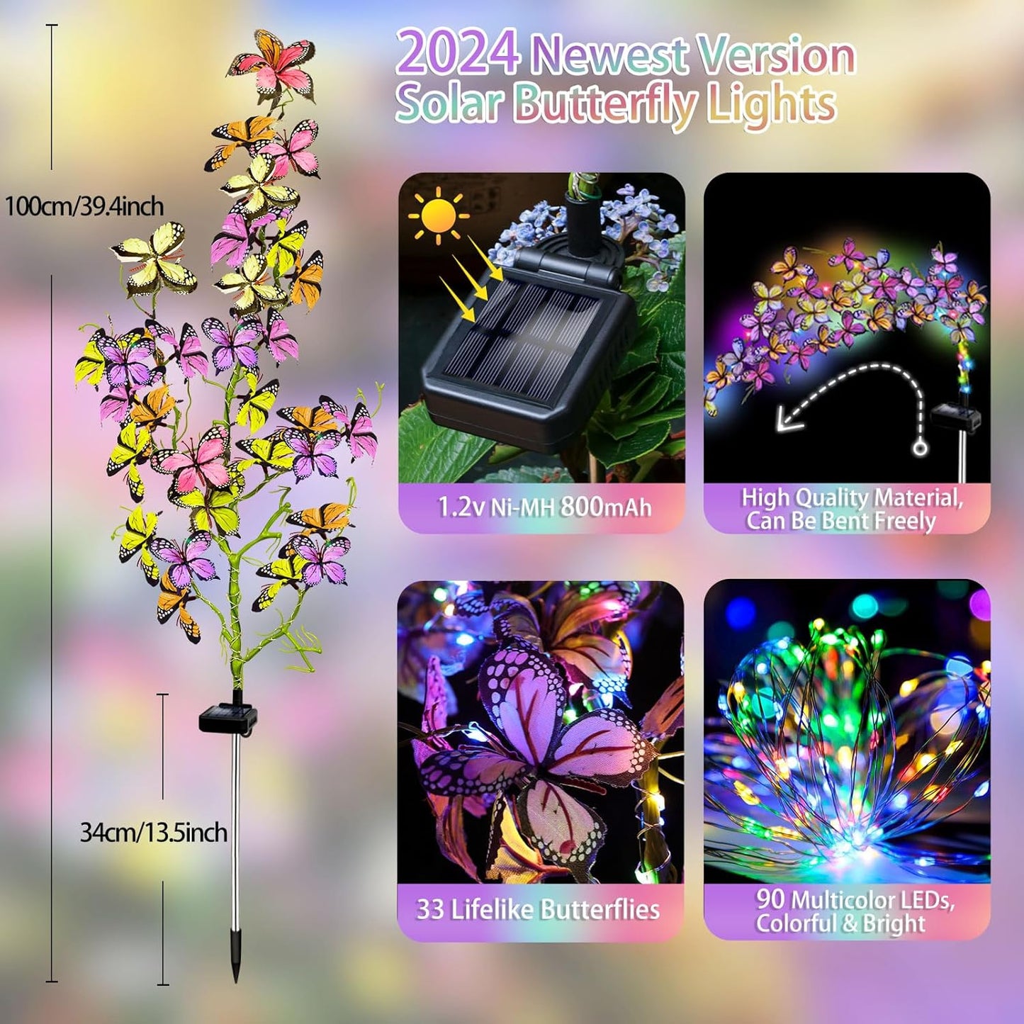Solar Garden Lights Outdoor, Waterproof Solar Butterfly Lights 4 Pack Willow Vine Light with 80 LED 33 Butterfly Colorful Lighting for Garden Yard Lawn Outdoor Decor, Gift for Mom Women Mother's Day-VerdiqueGarden