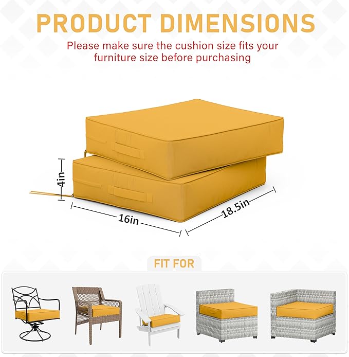 Patio Chair Cushions 18.5 X 16 X 4 Inch Waterproof Outdoor Seat Cushions for Patio Furniture, Outdoor Sofa Couch Pads with Ties & Handle, Set of 2, Yellow-VerdiqueGarden
