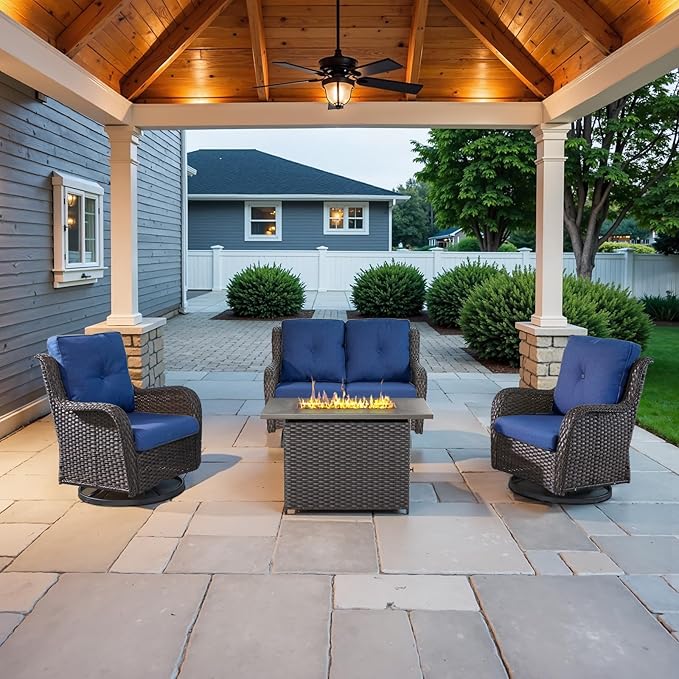 4 Piece Patio Furniture Set with Fire Pit Table - 41inch 50000 BTU Propane Fire Pit Table with High Back Loveseat Glider Chair and 2 Swivel Rocker Chair for Casual Gathering-VerdiqueGarden