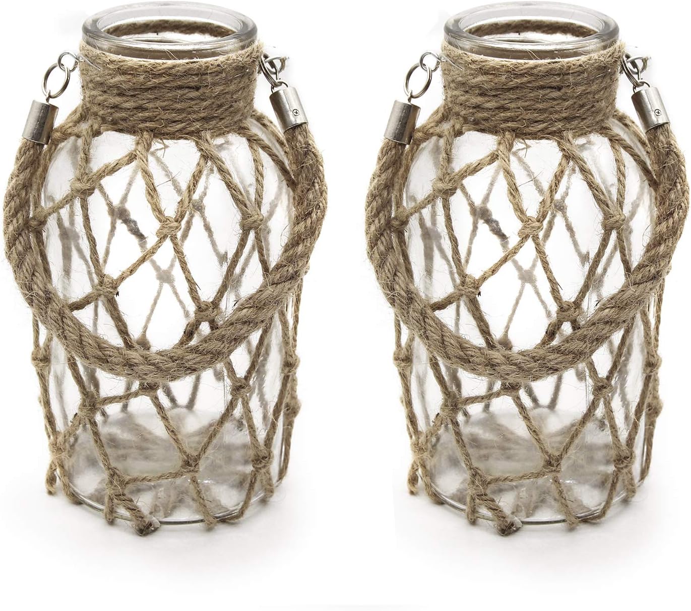 Rustic Hanging Mason Nautical Jar Rope Net Dry Flower Glass Vase with Handle Pack of 2 (2 Vase 8")-VerdiqueGarden