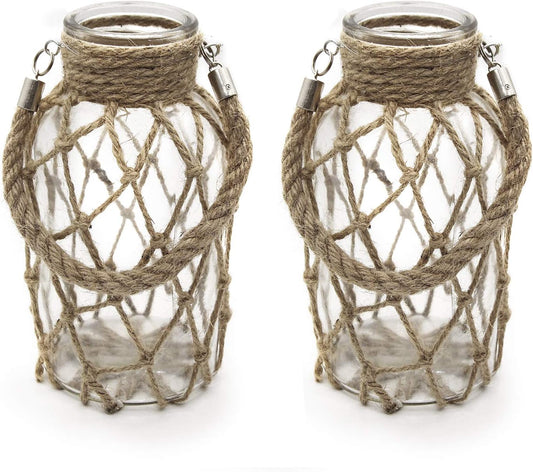 Rustic Hanging Mason Nautical Jar Rope Net Dry Flower Glass Vase with Handle Pack of 2 (2 Vase 8")-VerdiqueGarden