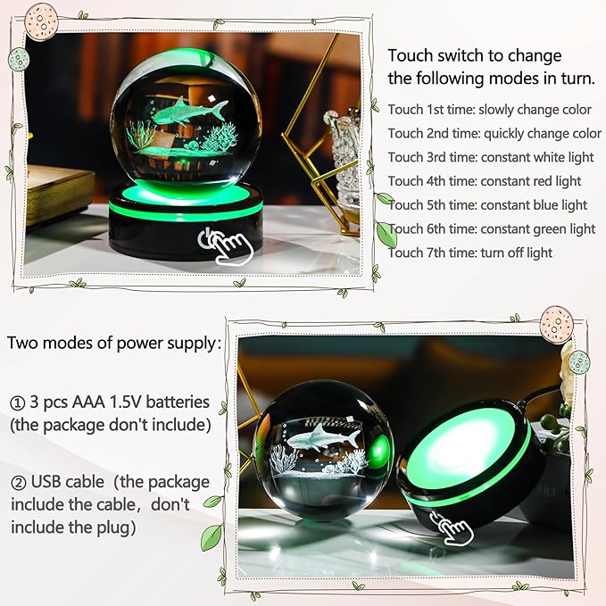 YWHL 3D Shark Figurine Crystal Ball with Colorful Light Base, Shark Gifts for Women Men Shark Lovers on Christmas Birthday, 3D Laser Engraved Shark Sphere Glass Ball for Home Office Decoration (80mm)-VerdiqueGarden