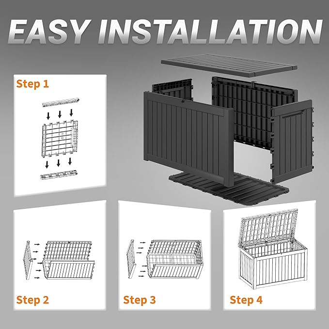NUNU LAB 230 Gallon Large Resin Deck Box, Waterproof Outdoor Storage Box, Lockable Storage Bin for Patio Furniture, Garden Tools, Pool Accessories, UV-Resistant & All-Weather, Black-VerdiqueGarden