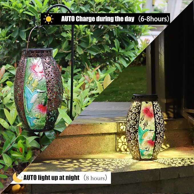 Solar Lanterns Outdoor Hanging Light - Solar Powered Hummingbird Glass LED Lights Decorative Waterproof Tabletop Lamp with Hollowed-Out Design for Indoor Yard Table Patio Garden Pathway Holiday-VerdiqueGarden