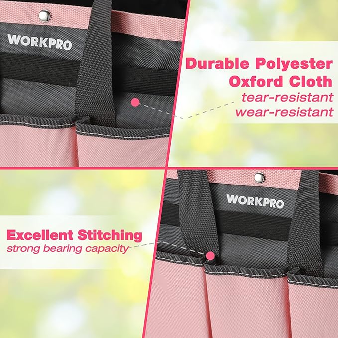 WORKPRO Garden Bag, Garden Tool Tote Storage Bag with 8 Pockets, Home Organizer for Outdoor Gardening Caddy, Garden Tool Kit Holder (Tools NOT Included), Pink Ribbon, Garden Gifts-VerdiqueGarden