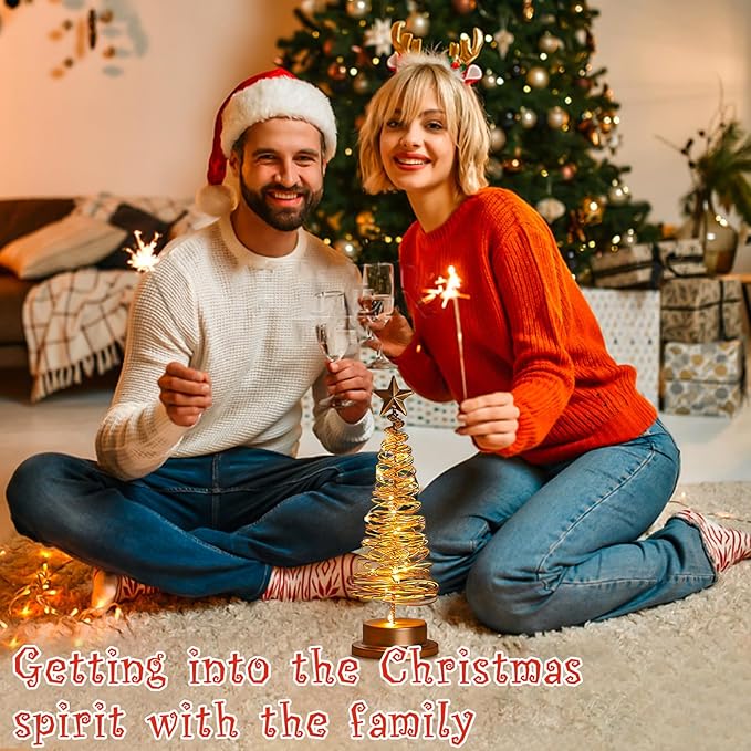Christmas Tree Lamp, Spiral Christmas Tree with Glittering Star, AA Battery Operated Gold Christmas Tree Light with Metal Stand for Christmas Table Decoration（Batteries not Included）-VerdiqueGarden