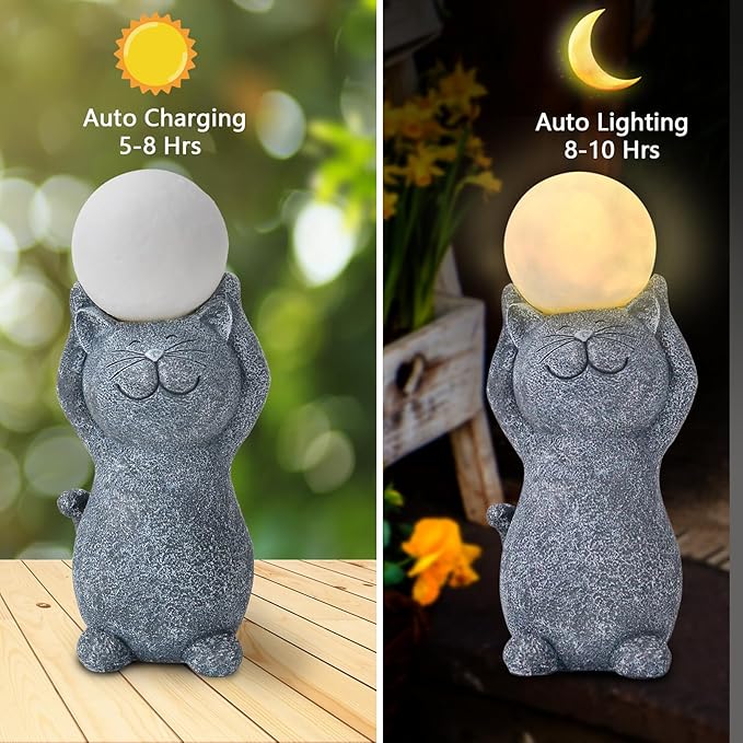 Solar Garden Decor Cat Moon Outdoor Statue and Figurine Lights, Outdoor Patio Sculpture Decor LED Light Gifts for Mom or Daughter, Garden Statues Birthday Gifts for Women Home and Yard with Solar Lamp-VerdiqueGarden