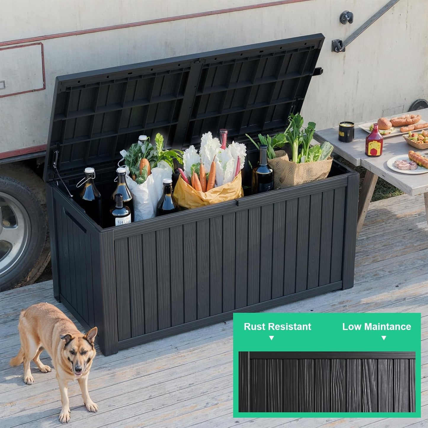 180 Gallon Outdoor Storage Box Waterproof, UV Resistant Resin Deck Box with Hydraulic Rod, Reinforced Stability for Patio, Garden, and Pool, Striped Black-VerdiqueGarden