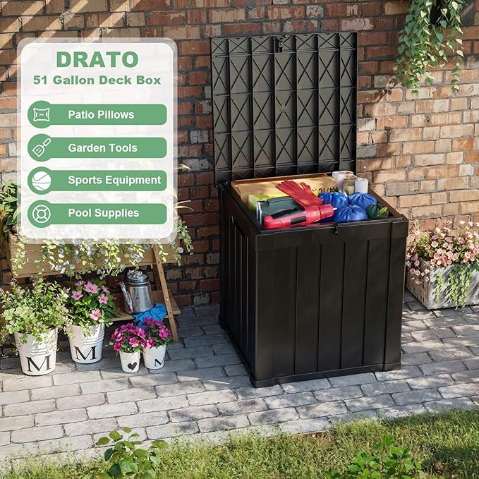 DRATO 50 Gallon Deck Box, Outdoor Storage Box for Patio Cushion, Sports Equipment, Garden Tools,Waterproof Patio Storage box, Lockable (Black)-VerdiqueGarden