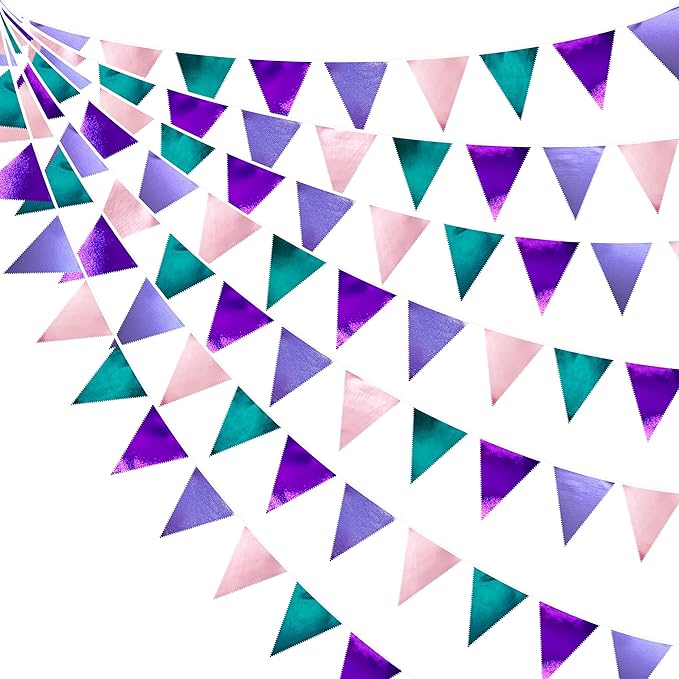 Mermaid Party Decorations Purple Pink and Teal Aqua Metallic Fabric Triangle Pennant Banner Flag Bunting Garland for Mermaid Under the Sea Birthday Wedding Baby Shower Engagement Party Supplies-VerdiqueGarden
