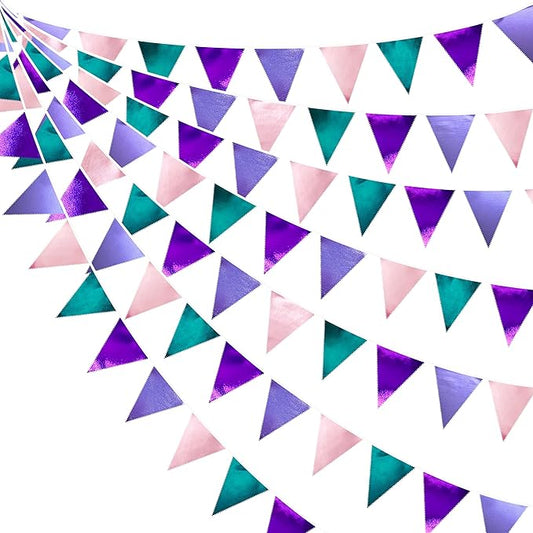 Mermaid Party Decorations Purple Pink and Teal Aqua Metallic Fabric Triangle Pennant Banner Flag Bunting Garland for Mermaid Under the Sea Birthday Wedding Baby Shower Engagement Party Supplies-VerdiqueGarden