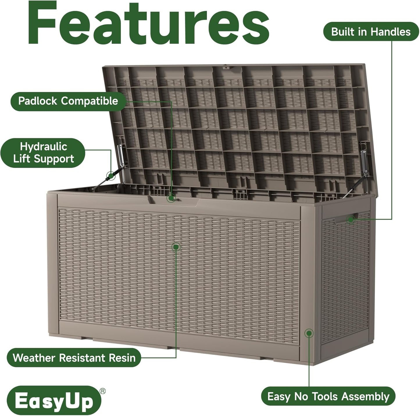 100 Gallon Outdoor Storage Box Waterproof, UV Resistant Resin Deck Box with Hydraulic Rod, Reinforced Stability for Patio, Garden, Rattan Gray-VerdiqueGarden