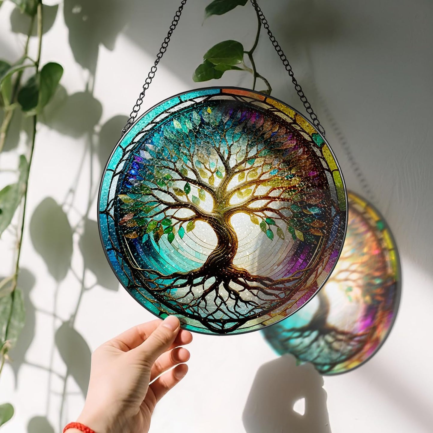 Stained Glass Window Hanging, LAOWEIKI 8'' Tree of Life Suncatcher, Stained Glass Ornament, Suncatchers for Windows Hanging, Window Decor, Outdoor or Indoor, Gifts for Mom, Grandma, Wife, Family-VerdiqueGarden