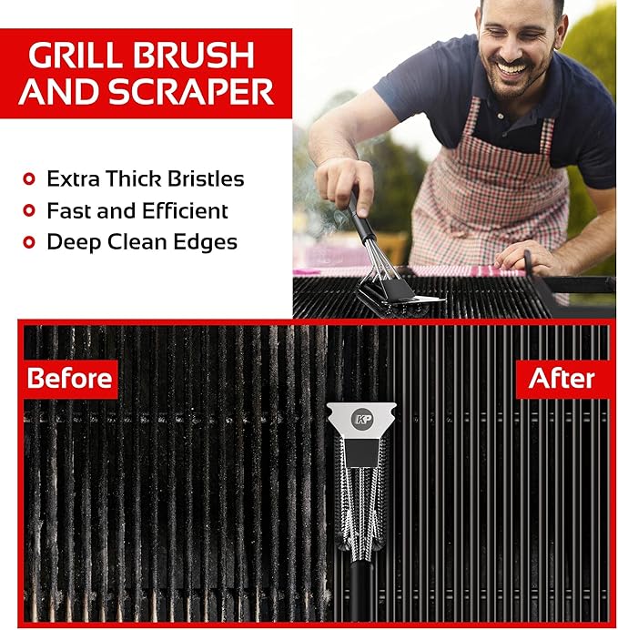 KITCHEN PERFECTION Safe Wire Grill Brush for Outdoor Grill w/Grill Scraper & Grill Mat Grill Cleaning Kit -Extended Handle BBQ Brush for Effortless Grill Cleaning Grill Cleaner Brush Barbecue Tools-VerdiqueGarden