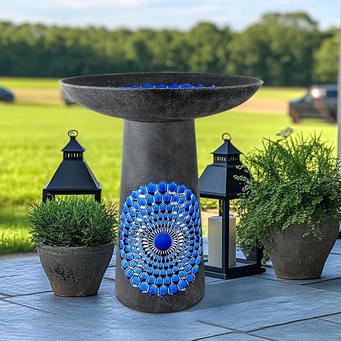 21.5'' Tall Ceramic Bird Bath for Outdoor, Heavy Duty - Cold-Weather Resistant Bird Bath, Garden and Patio Décor - Diamond Blue-VerdiqueGarden