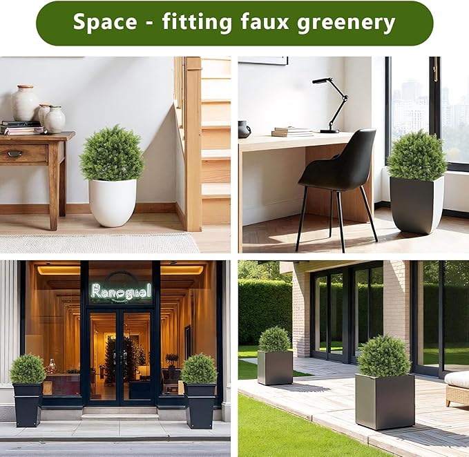 THE BLOOM TIMES 2ft Artificial Topiary Ball Trees Outdoor Set of 2, 24" Tall Faux Cedar Plants Outside UV Resistant Greenery Fake Evergreen Potted Bushes and Shrubs for Front Porch Patio Planter Decor-VerdiqueGarden