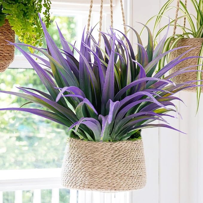 16Pcs Artificial Grass Fake Plants 17.3in Outdoor Plants UV Resistant Faux Greenery Stems Fake Grass for Home Window Garden Office Patio Pathway Front Porch Halloween Décor Green & Purple-VerdiqueGarden