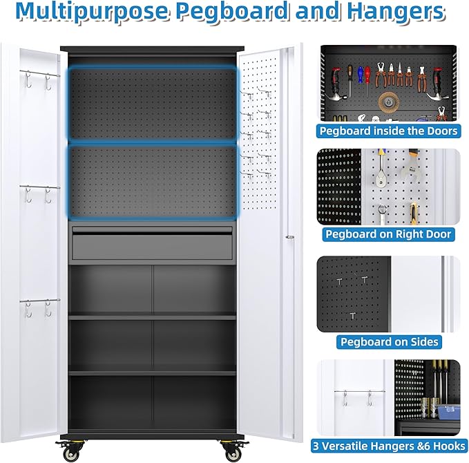 Metal Garage Cabinet with Wheels,71''H Rolling Lockable Steel Tool Storage Cabinet with Pegboard &1 Drawer for Garage,Home,Office,Black Gray, Assembly Required-VerdiqueGarden