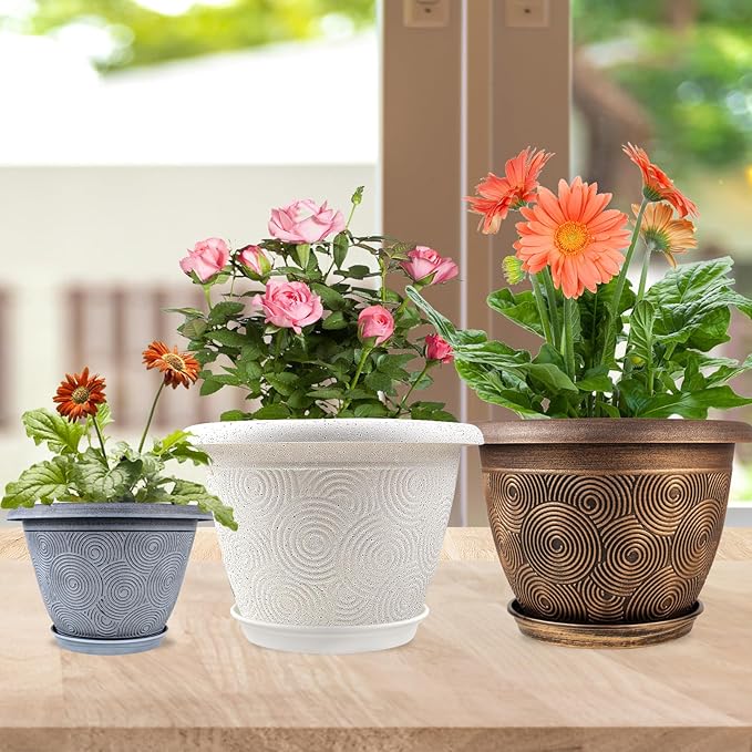 12 Inch Large Planter Pot for Plants Indoor Outdoor, 4 Pack Plastic Flower Pots with Drainage Hole & Tray, Modern Decorative Garden Pot with Saucer, Plant Container for House-VerdiqueGarden