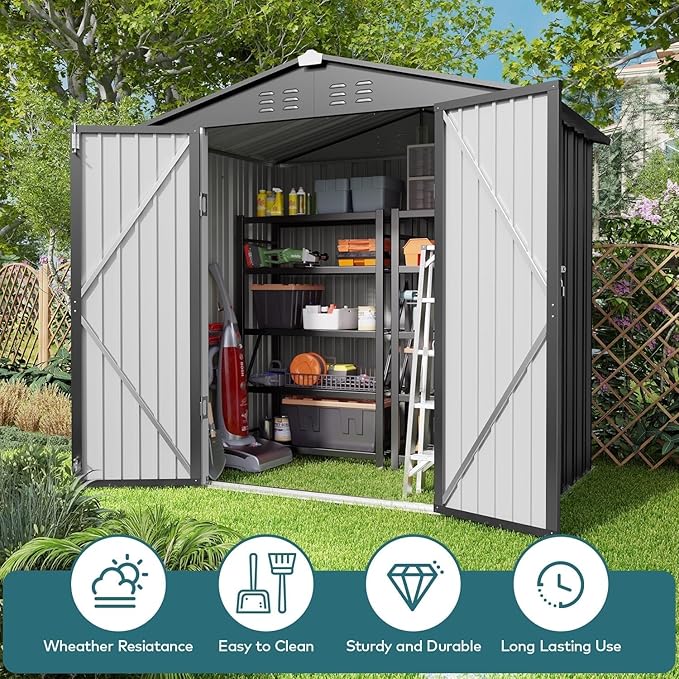 Gizoon Outdoor Storage Shed 6 x 4 FT, Galvanized Metal Garden Shed with Double Lockable Doors, Outdoor Storage Clearance for Backyard Patio Lawn-Dark Grey-VerdiqueGarden