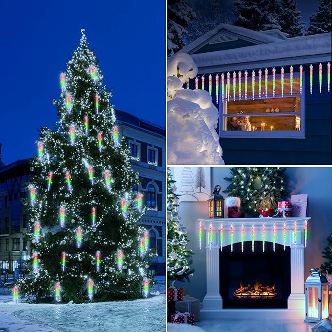 Icicle Lights Outdoor, 10 Ft Meteor Shower Lights with 10 Ice Shaped Tube, Snowfall Shooting Star Light Effect, Falling Crystal Christmas Decorations for House Eave Roofline Patio, Multicolor-VerdiqueGarden