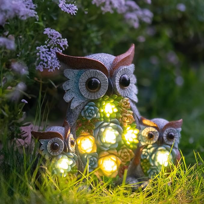 Solar Garden Statue Lights Owl Figurine with LED Lights, Outdoor Garden Succulent Ornaments Waterproof Decoration for Outside Patio Yard Lawn Decor-VerdiqueGarden