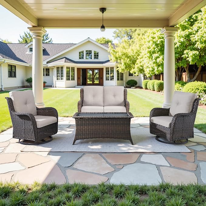 4 Piece Patio Furniture Set - Outdoor Glider Bench with Swivel Rocker Chairs and Coffee Table, High Back Small Outdoor Conversation Furniture Sets for Deck Sunroom Balcony Backyard-VerdiqueGarden