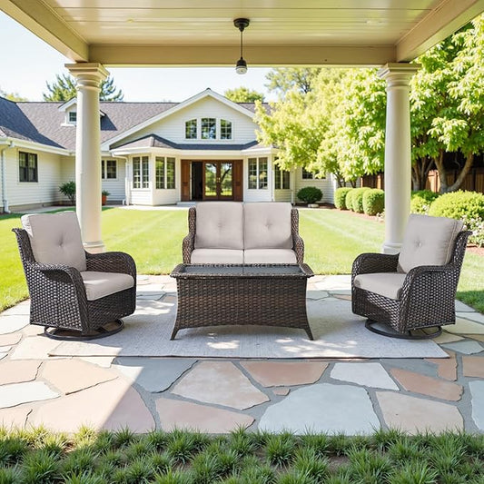 4 Piece Patio Furniture Set - Outdoor Glider Bench with Swivel Rocker Chairs and Coffee Table, High Back Small Outdoor Conversation Furniture Sets for Deck Sunroom Balcony Backyard-VerdiqueGarden