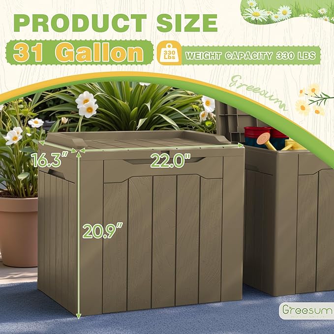 Greesum 31 Gallon Deck Box for Outside, All Weather Outdoor Storage Boxes for Patio Furniture Set, Package Delivery Box, Garden Tools, Light Coffee(Set of 2)-VerdiqueGarden