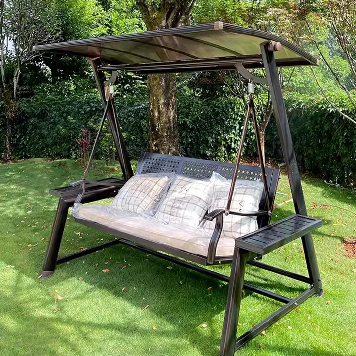 2/3-Seat Outdoor Patio Porch Swing with Adjustable Aluminum Alloy Canopy Solar Patio Swing Chair Bench with Footrest Side Cup Holder for Backyard Lawn (L-Aluminum Mesh Red Copper-3 Seat)-VerdiqueGarden