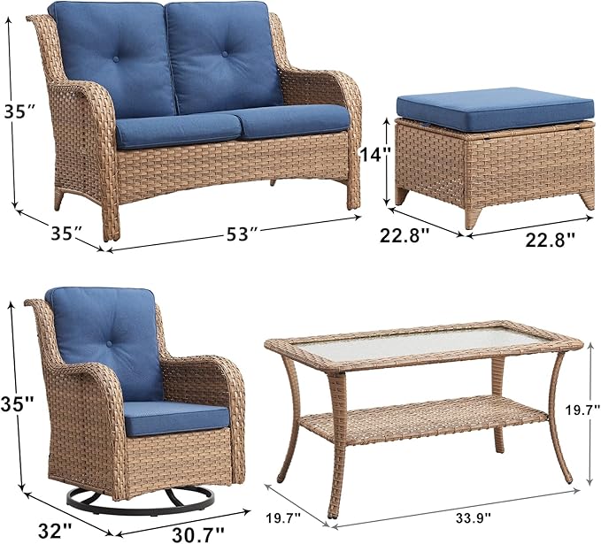 Outdoor Wicker Patio Furniture Set - 6 Piece Rattan Patio Conversation Set with 2 Rocking Swivel Chairs,2 Ottomans,1 Loveseat and 1 Coffee Table for Porch Deck Backyard Garden(Yellow/Blue)-VerdiqueGarden