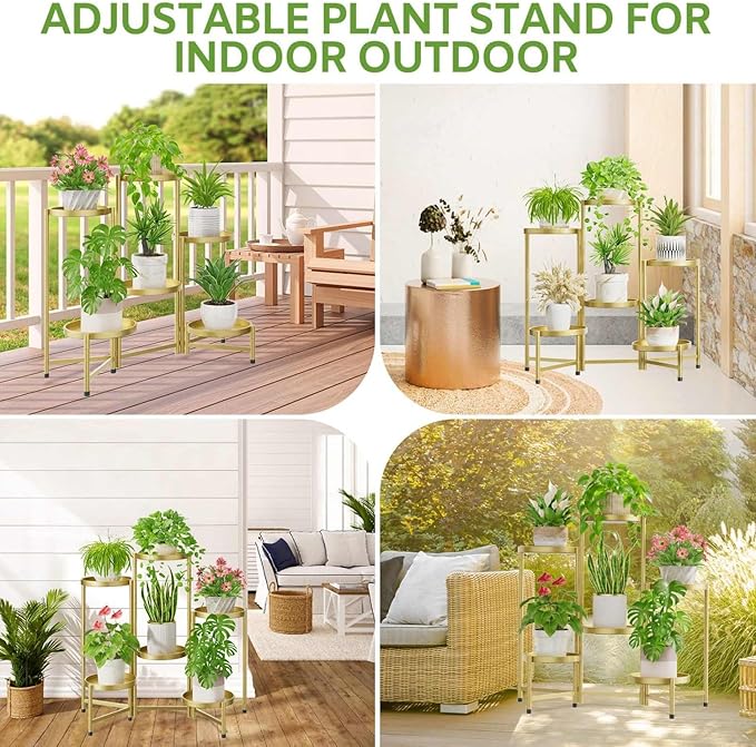 iDavosic.ly 6 Tier Large Plant Stand Indoor, 10 Inch Wide Tall Corner Metal Plant Stands Outdoor for Multiple Plants, Folding Tiered Flower Display Holder Rack Shelf, Gold-VerdiqueGarden