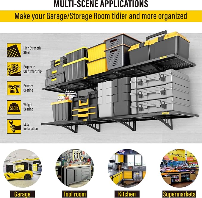 4-Pack 1.64x4ft Adjustable Garage Wall Shelving 1120lbs Load Capacity Heavy Duty Wall Mounted Storage Shelf Metal Floating Shelves for Garage(Black)-VerdiqueGarden