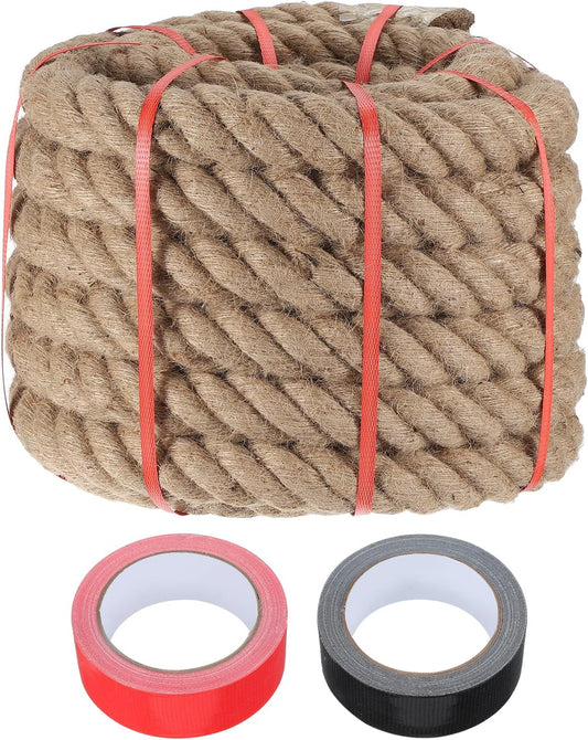 MECCANIXITY Jute Rope 2 Inch x 49ft, Thick Twine Rope Ropes Braided Jute Twine Natural Brown Burlap Cord String Heavy Twisted with Tapes for Decorative Crafts Railing Swing Tug of War-VerdiqueGarden