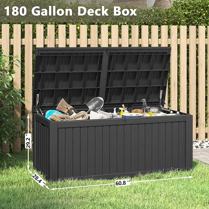 NUNU LAB 180 Gallon Outdoor Storage Box,Large Resin Sturdy Deck Box, Backyard Outside Storage Box Waterproof with Double Wall Panels,Package Delivery Garden Hose Storage Bin Outdoor Tool-VerdiqueGarden