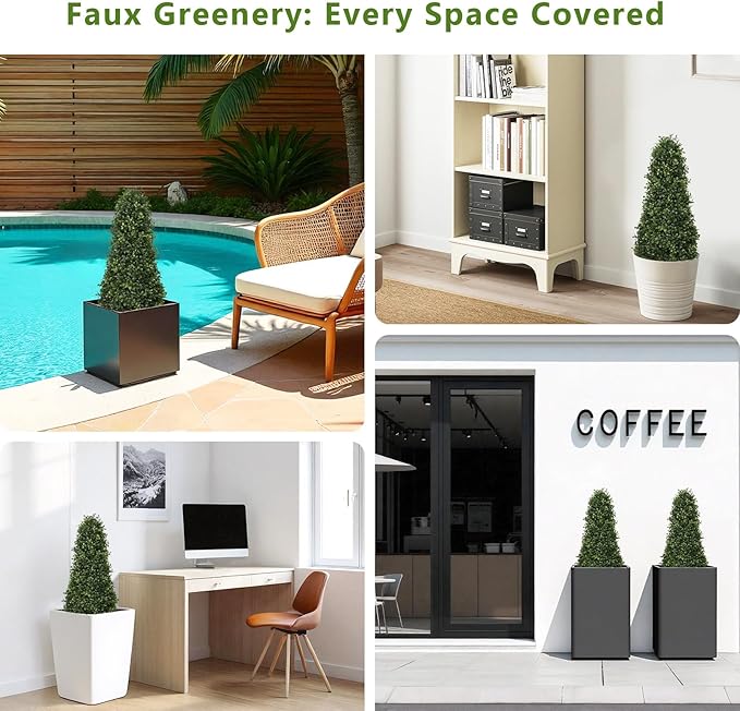 3ft Artificial Boxwood Topiary Trees (Set of 2) - UV Resistant Faux Plants Outdoor, Realistic 36" Fake Cone Bushes and Shrubs for Front Porch, Planter, Patio - Low Maintenance & Evergreen-VerdiqueGarden