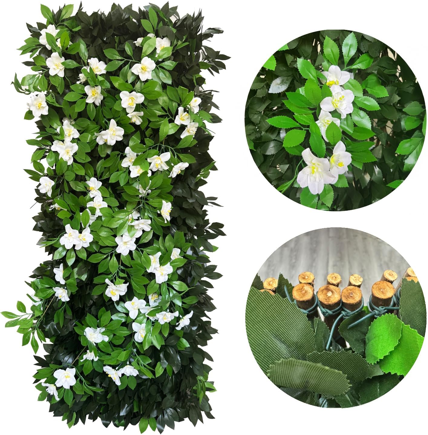 Expandable Fence Privacy Screen for Balcony Patio Outdoor,Decorative Faux Ivy Fencing Panel,Artificial Hedges (Single Sided Leaves) (1, Branches -White Fowers)-VerdiqueGarden