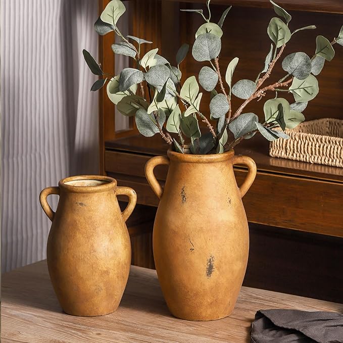 Large Ceramic Flower Vase,11.3 inch Terracotta Vase with 2 Handles, Rustic Farmhouse Vases, Decorative Pottery Flower Vases for Home Decor, Living Room Shelf Decor, Table-VerdiqueGarden