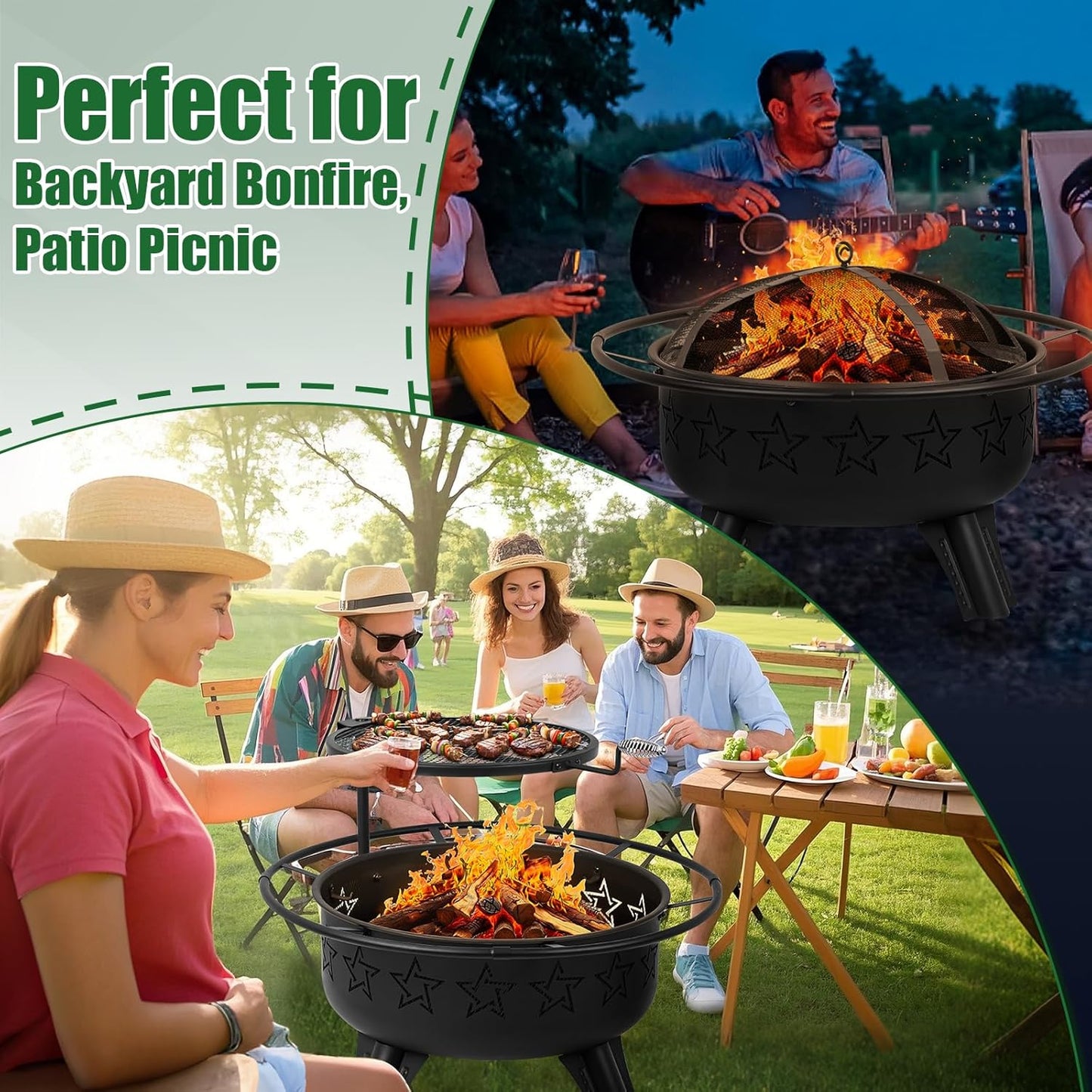 31" 2-in-1 Wood Burning Fire Pit with Swivel BBQ Grills & Spark Screen for Outside - Heavy Duty Outdoor Firepit with Charcoal Pan, Log Rack & Poker - for Backyard, Patio, Garden Bonfire-VerdiqueGarden