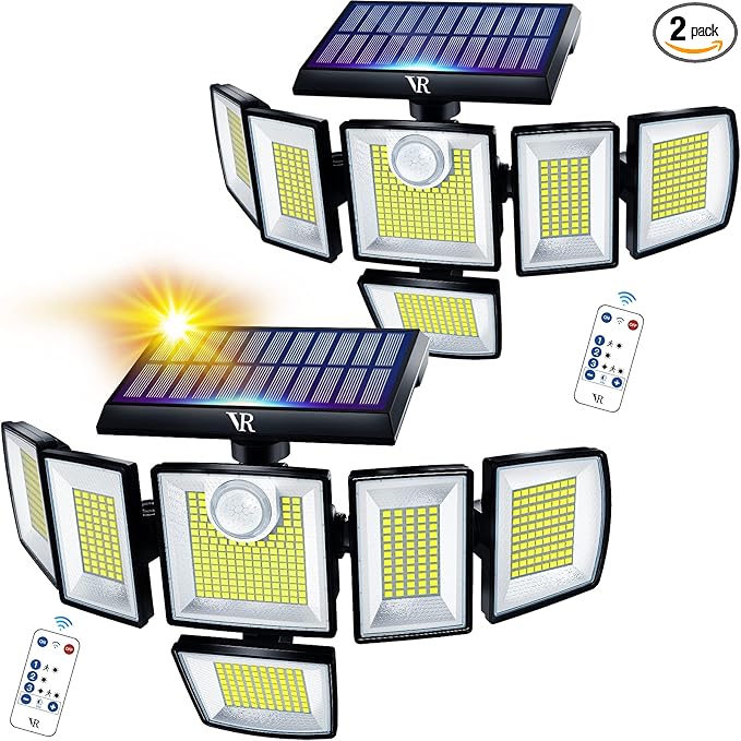 Solar Motion Sensor Flood Lights Outdoor - 496LEDs 3500LM 3 Lighting Modes 3 Levels Brightness, 6 Heads 360° Illumination, IP65 Solar Security Lights,for Porch Yard Patio Garage(2 Packs)-VerdiqueGarden