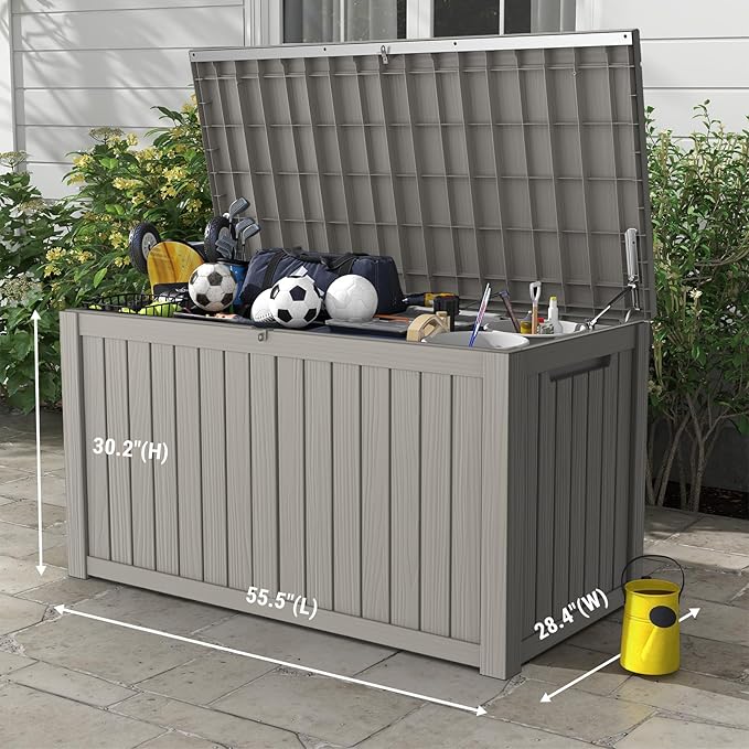 Mars Villa 180 Gallon Outdoor Storage Box Waterproof, Extra Large Resin Deck Box, Outside Storage Bin for Patio Furniture Cushions, Pool Supplies, Sports Gear, UV Resistant and Weatherproof, Greige-VerdiqueGarden