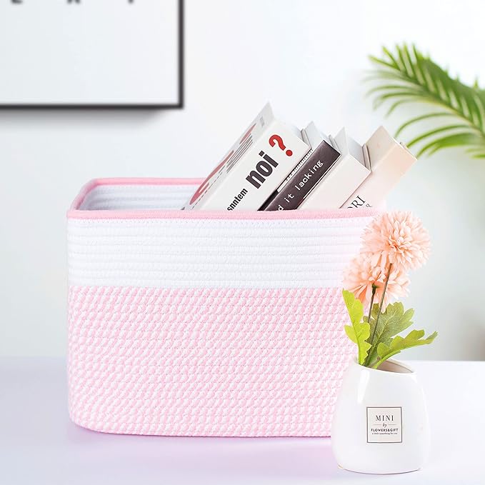 MINTWOOD Design Storage Basket for Shelves, Decorative Baskets for Organizing, Book Basket, Storage Cube Bin Box, Woven Closet Organizer, Pantry Closet and Shoe Basket, Light Pink-VerdiqueGarden