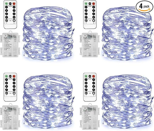 Homemory 4 Pack 20 Ft 60 LED Fairy Lights Battery Operated String Lights with Remote Waterproof 8 Modes Firefly Twinkle Christmas Lights for Party Bedroom Wedding Decorations(Cool White)-VerdiqueGarden