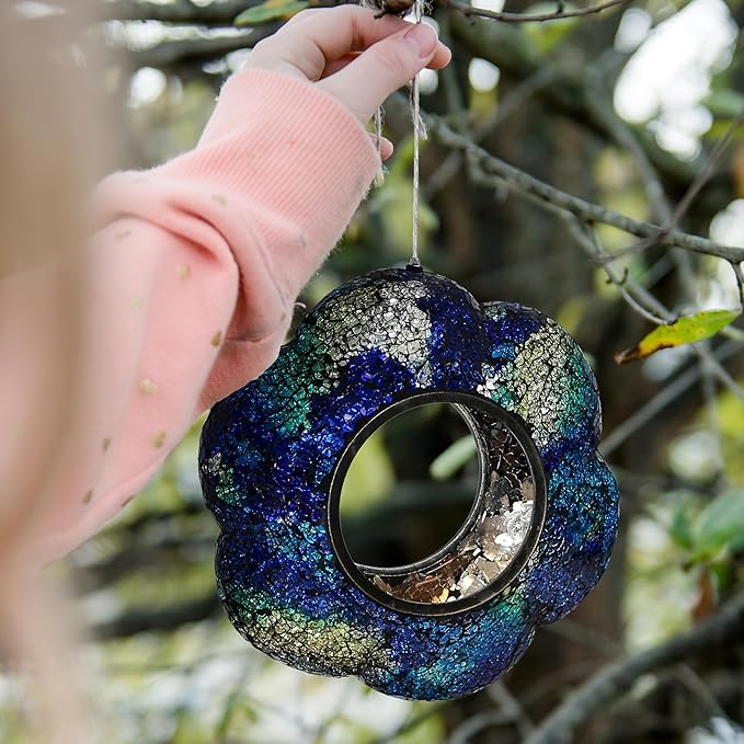 Sunnydaze 10-Inch Glass Mosaic Hanging Bird Feeder for Outdoors - Fly-Through Wild Bird Feeder - Indigo Flower Mosaic-VerdiqueGarden