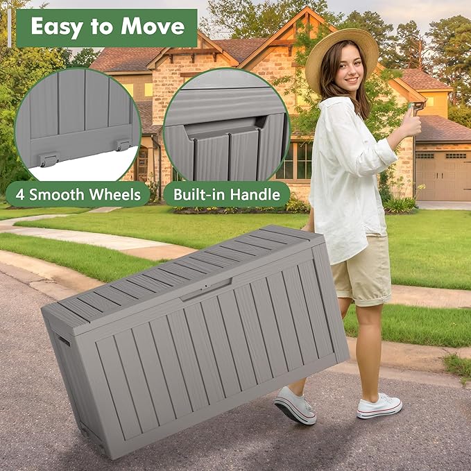 NUNU LAB 75 Gallon Outdoor Storage Box,Resin Large Sturdy Deck Box, Backyard Outside Storage Box Waterproof with Double Wall Panels,Garden Box,Package Delivery Outdoor Hose Storage Bin-VerdiqueGarden