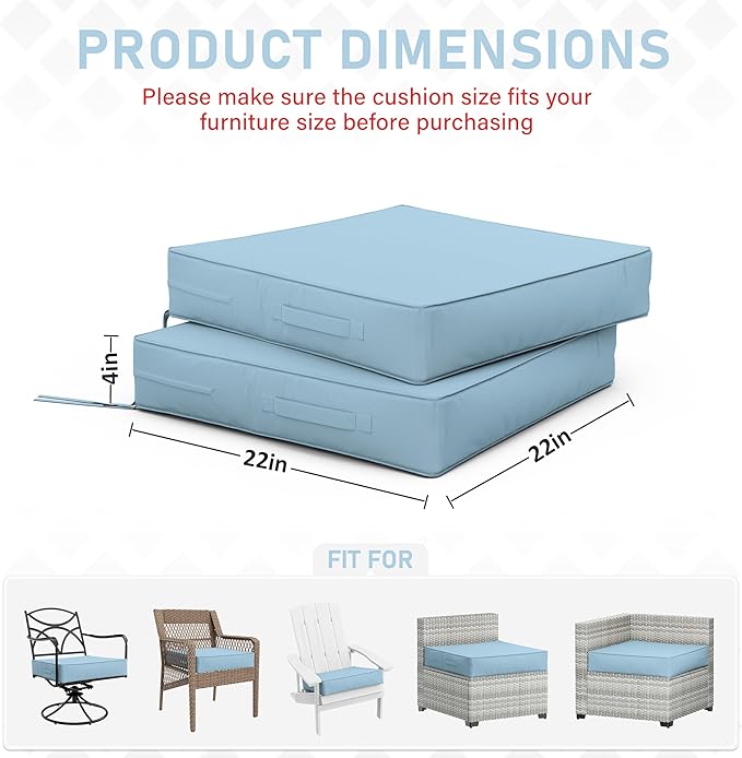 Patio Chair Cushions 22 X 22 X 4 Inch Waterproof Outdoor Seat Cushions for Patio Furniture, Outdoor Sofa Couch Pads with Ties & Handle, Set of 2, Light Blue-VerdiqueGarden